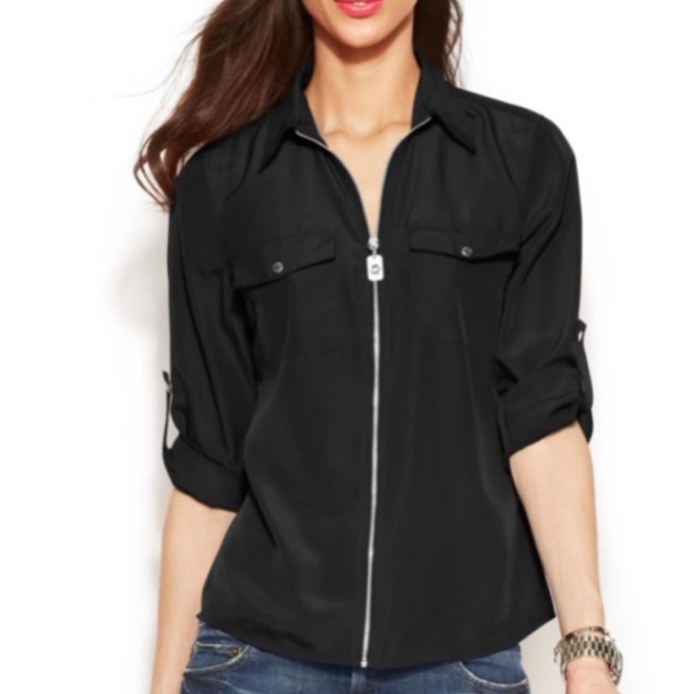 Michael Kors Black and Silver Women’s Collared Blouse